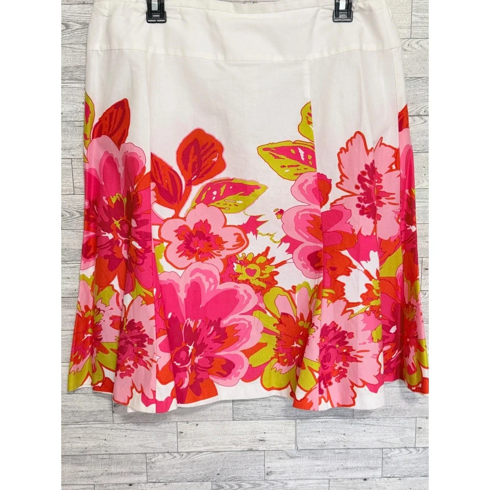 Floral A-Line Skirt Pink Orange Chartreuse White Cotton Blend Sz 14 Knee Length